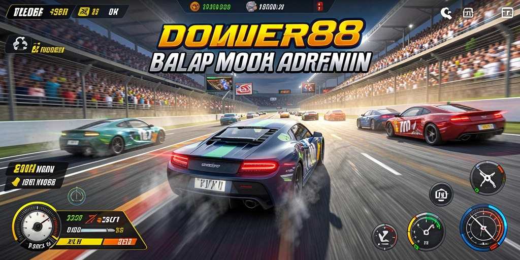 Screenshot gameplay DOWER88 menampilkan aksi balap mobil yang seru.