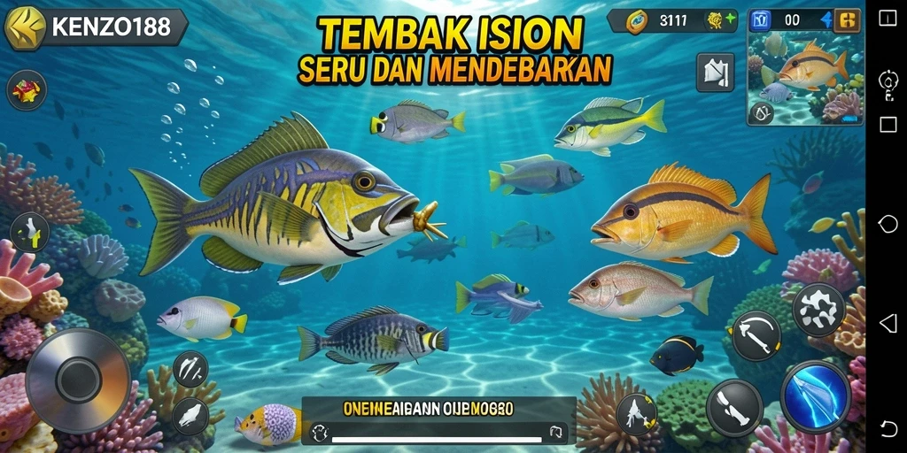 Screenshot gameplay KENZO188 menampilkan aksi menembak ikan yang seru.