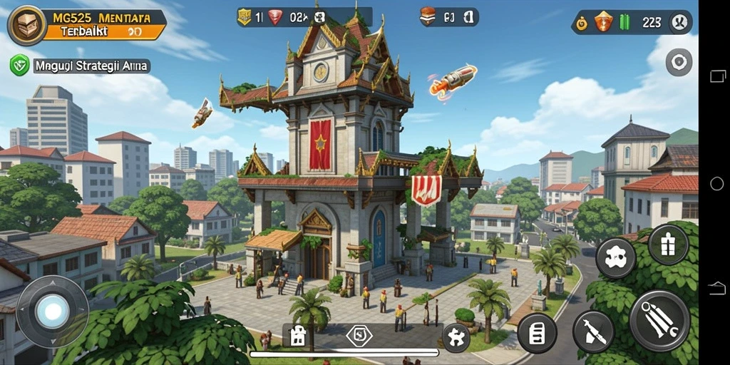 Tampilan gameplay MG525 dengan menara yang berfungsi secara strategis.